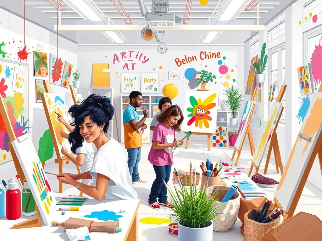 An image depicting a group of people participating in a painting workshop, with colorful artworks and creative expressions, highlighting ABPGA's commitment to arts and culture.